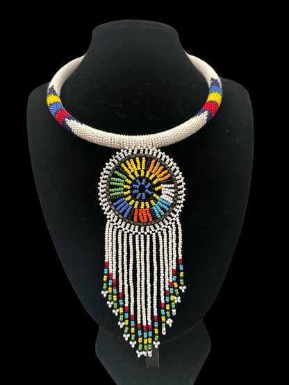 Authentic African White Beaded Tassel Ethnic Pendant Necklace - Fatisha Boutique