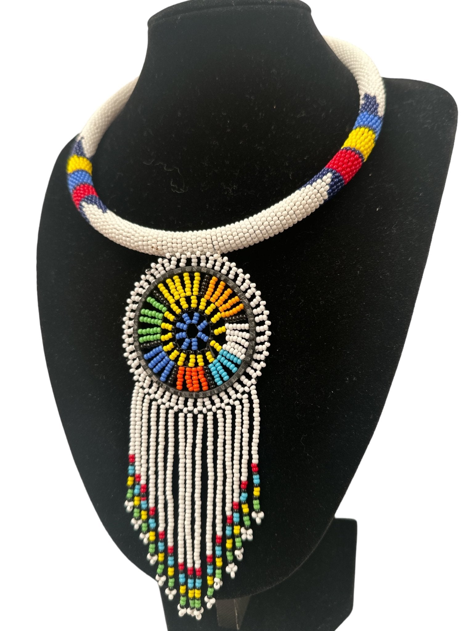 Authentic African White Beaded Tassel Ethnic Pendant Necklace - Fatisha Boutique