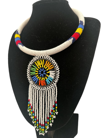 Authentic African White Beaded Tassel Ethnic Pendant Necklace - Fatisha Boutique