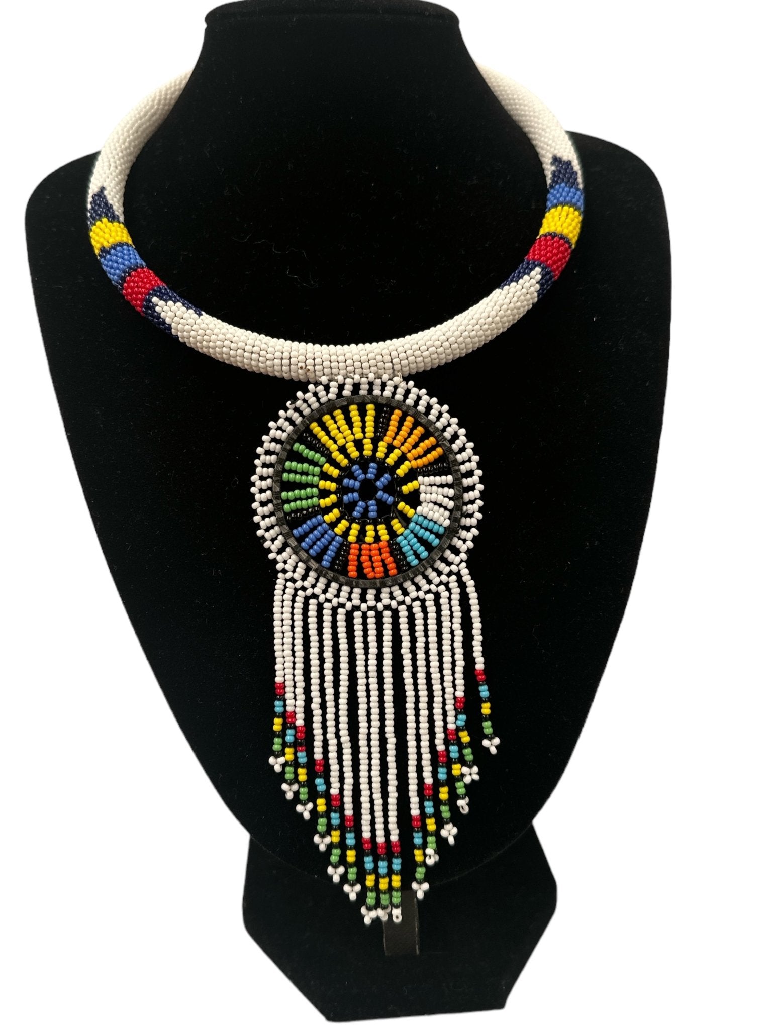 Authentic African White Beaded Tassel Ethnic Pendant Necklace - Fatisha Boutique