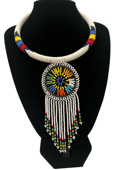 Authentic African White Beaded Tassel Ethnic Pendant Necklace - Fatisha Boutique