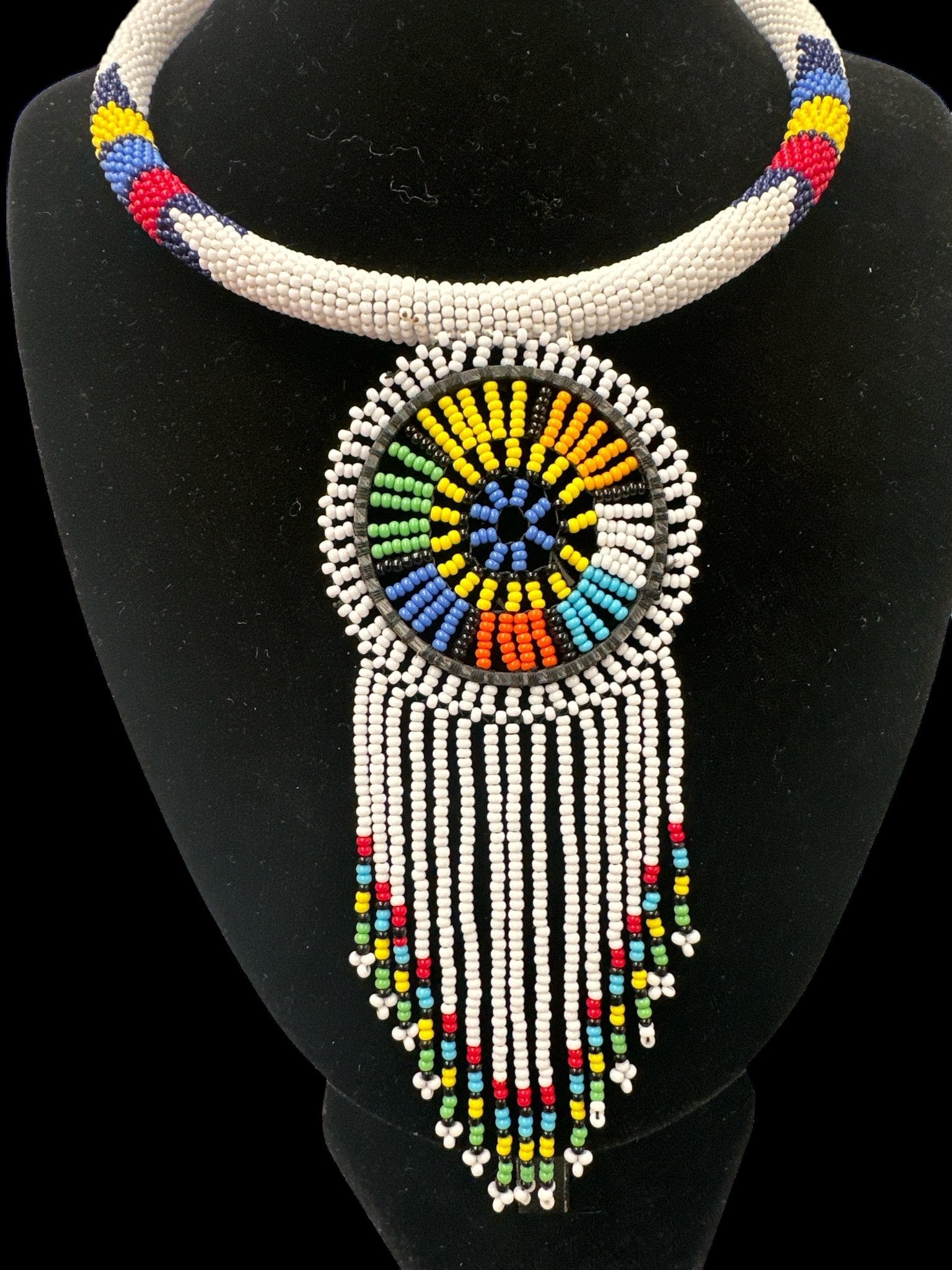 Authentic African White Beaded Tassel Ethnic Pendant Necklace - Fatisha Boutique