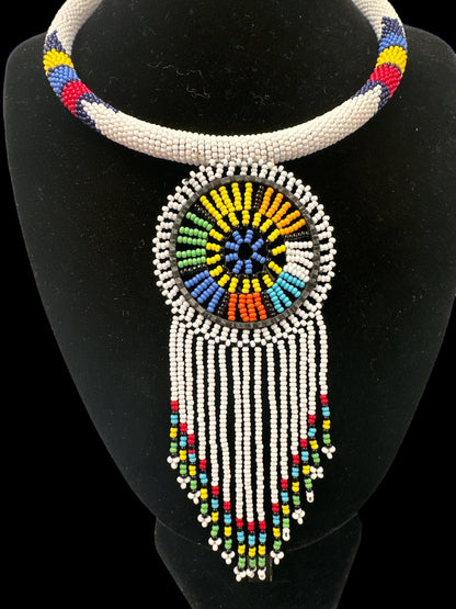 Authentic African White Beaded Tassel Ethnic Pendant Necklace - Fatisha Boutique
