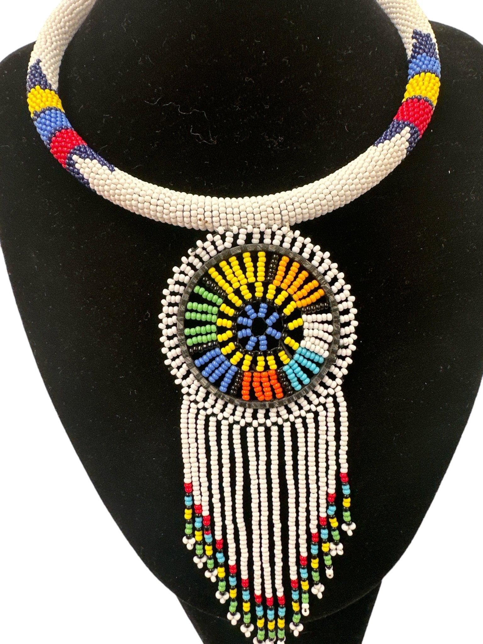 Authentic African White Beaded Tassel Ethnic Pendant Necklace - Fatisha Boutique
