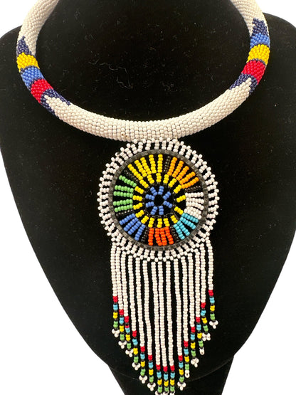 Authentic African White Beaded Tassel Ethnic Pendant Necklace - Fatisha Boutique