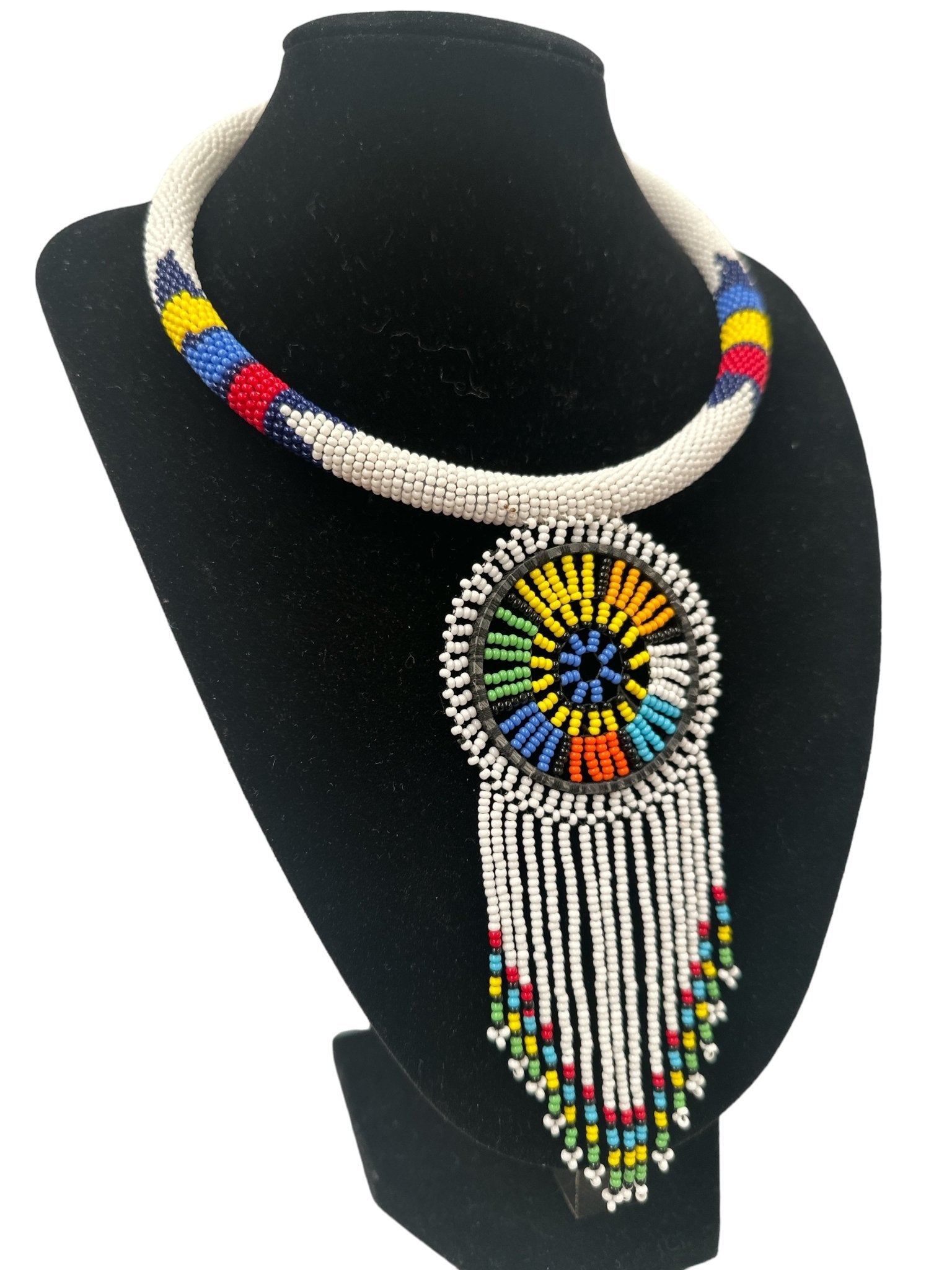 Authentic African White Beaded Tassel Ethnic Pendant Necklace - Fatisha Boutique