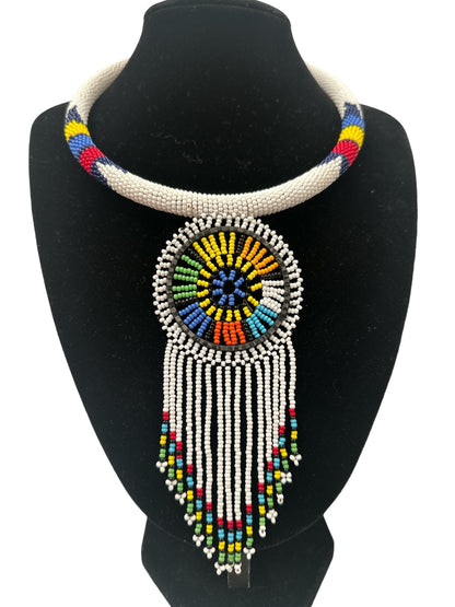 Authentic African White Beaded Tassel Ethnic Pendant Necklace - Fatisha Boutique