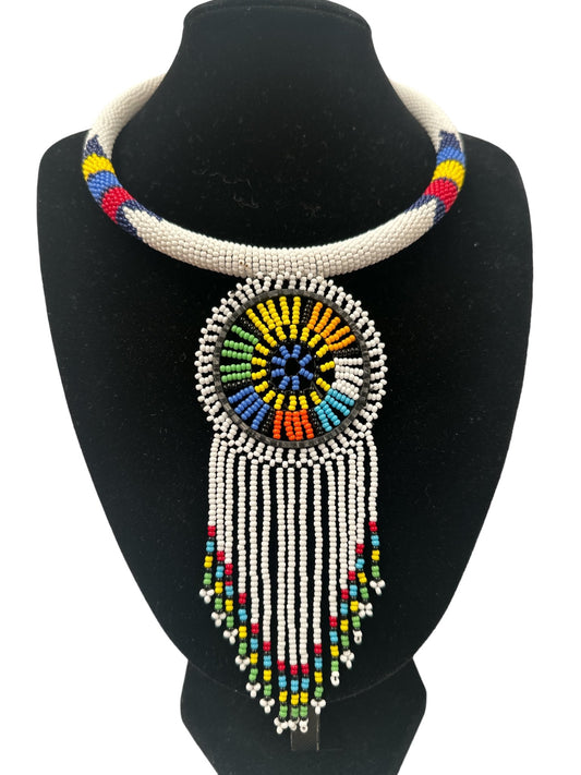 Authentic African White Beaded Tassel Ethnic Pendant Necklace - Fatisha Boutique