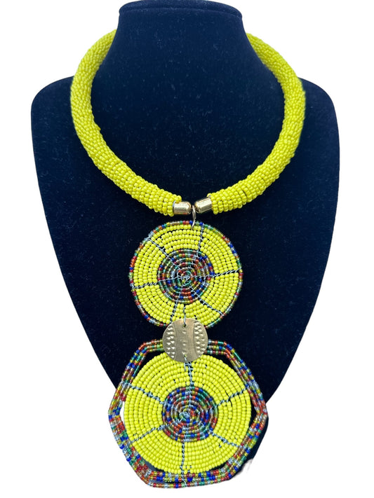 Authentic African Yellow Beaded Disc Pendant Necklace - Fatisha Boutique