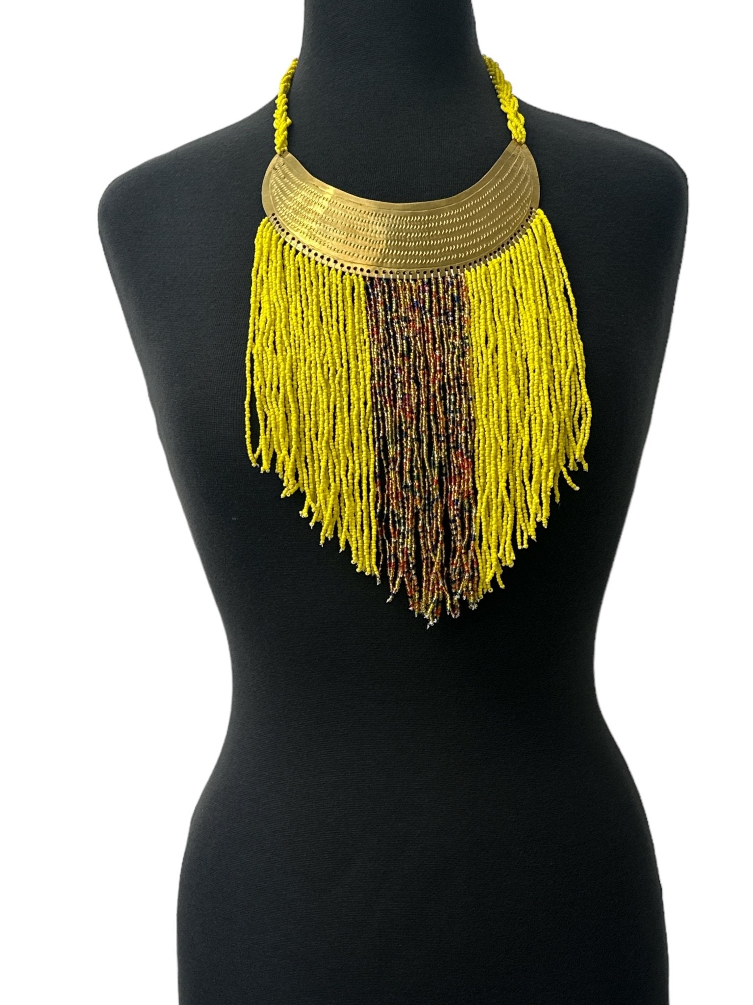 Authentic African Yellow Beaded Ethnic Tassels Fringe Brass Pendant Necklace - Fatisha Boutique