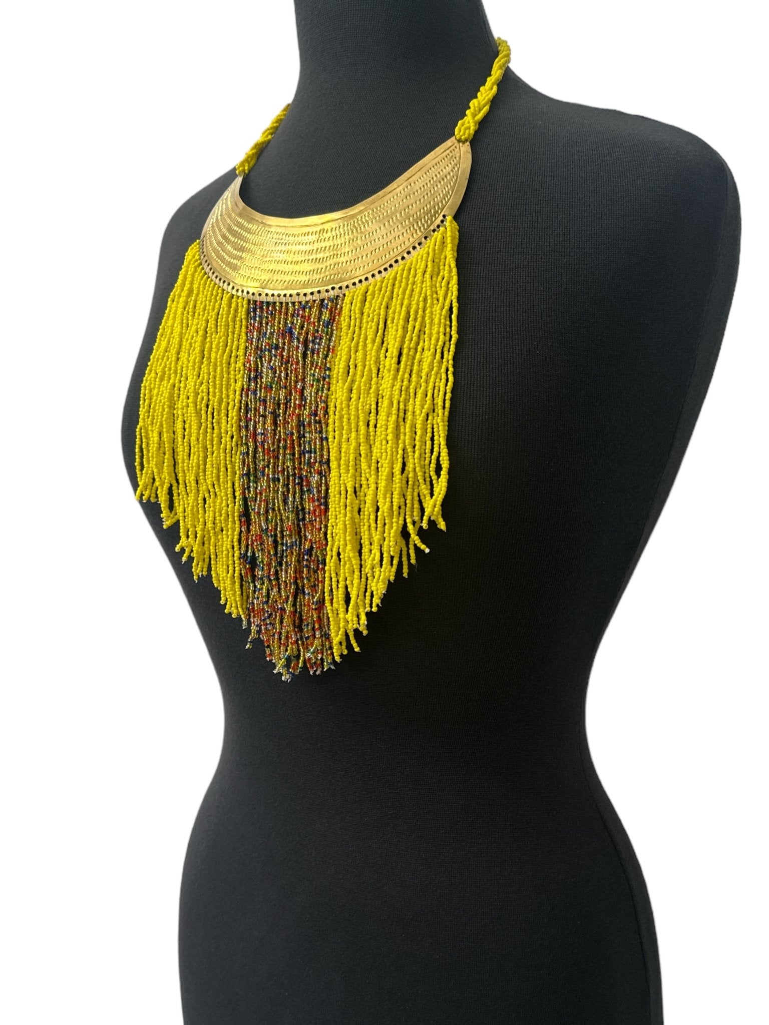 Authentic African Yellow Beaded Ethnic Tassels Fringe Brass Pendant Necklace - Fatisha Boutique