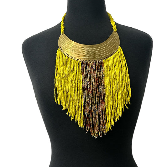Authentic African Yellow Beaded Ethnic Tassels Fringe Brass Pendant Necklace - Fatisha Boutique