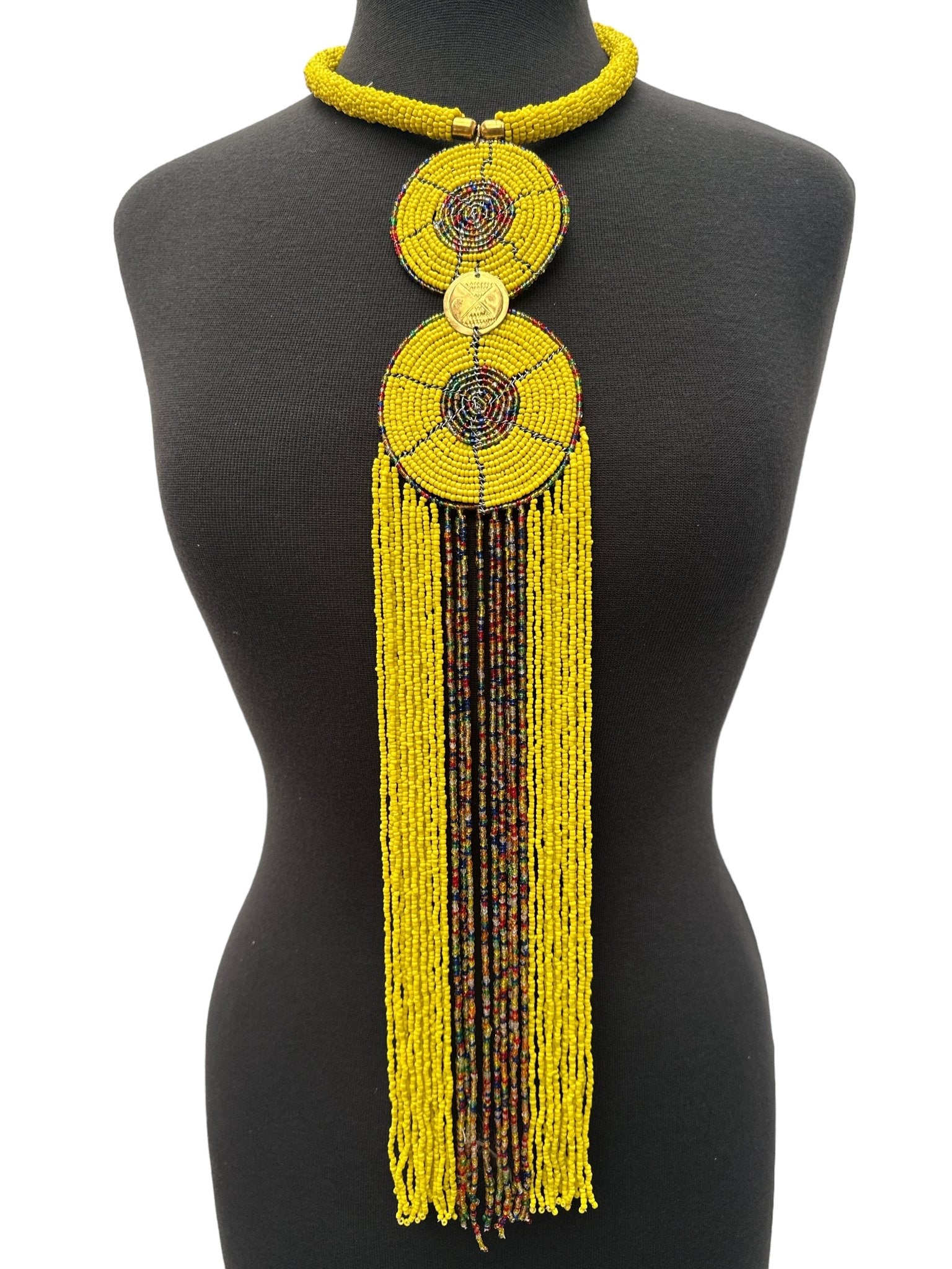 Authentic African Yellow Beaded Long Fringe Pendant Necklace – Handmade Maasai Statement Jewellery - Fatisha Boutique