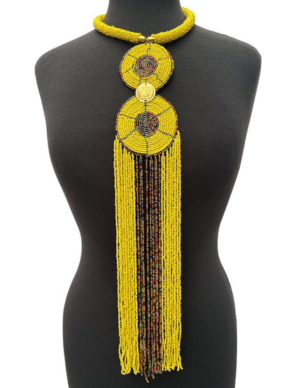 Authentic African Yellow Beaded Long Fringe Pendant Necklace – Handmade Maasai Statement Jewellery - Fatisha Boutique