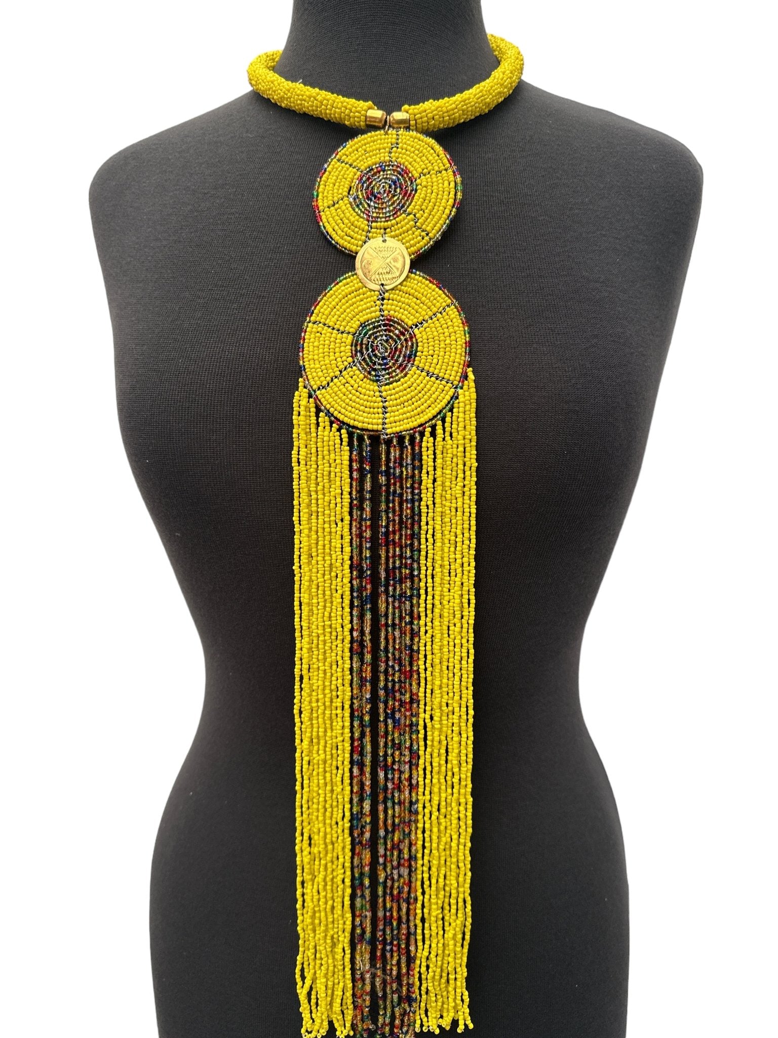Authentic African Yellow Beaded Long Fringe Pendant Necklace – Handmade Maasai Statement Jewellery - Fatisha Boutique