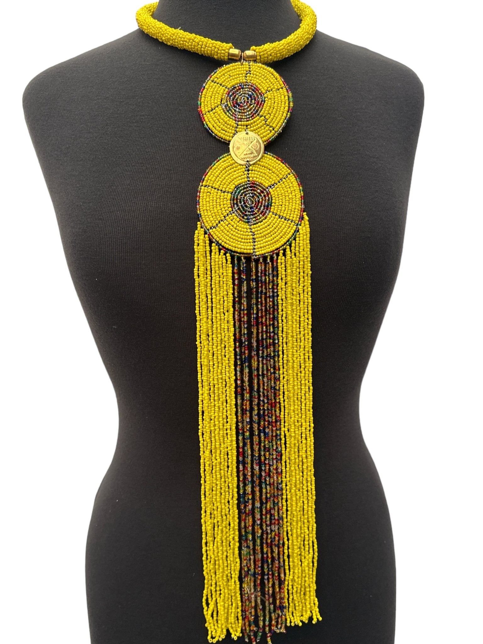 Authentic African Yellow Beaded Long Fringe Pendant Necklace – Handmade Maasai Statement Jewellery - Fatisha Boutique