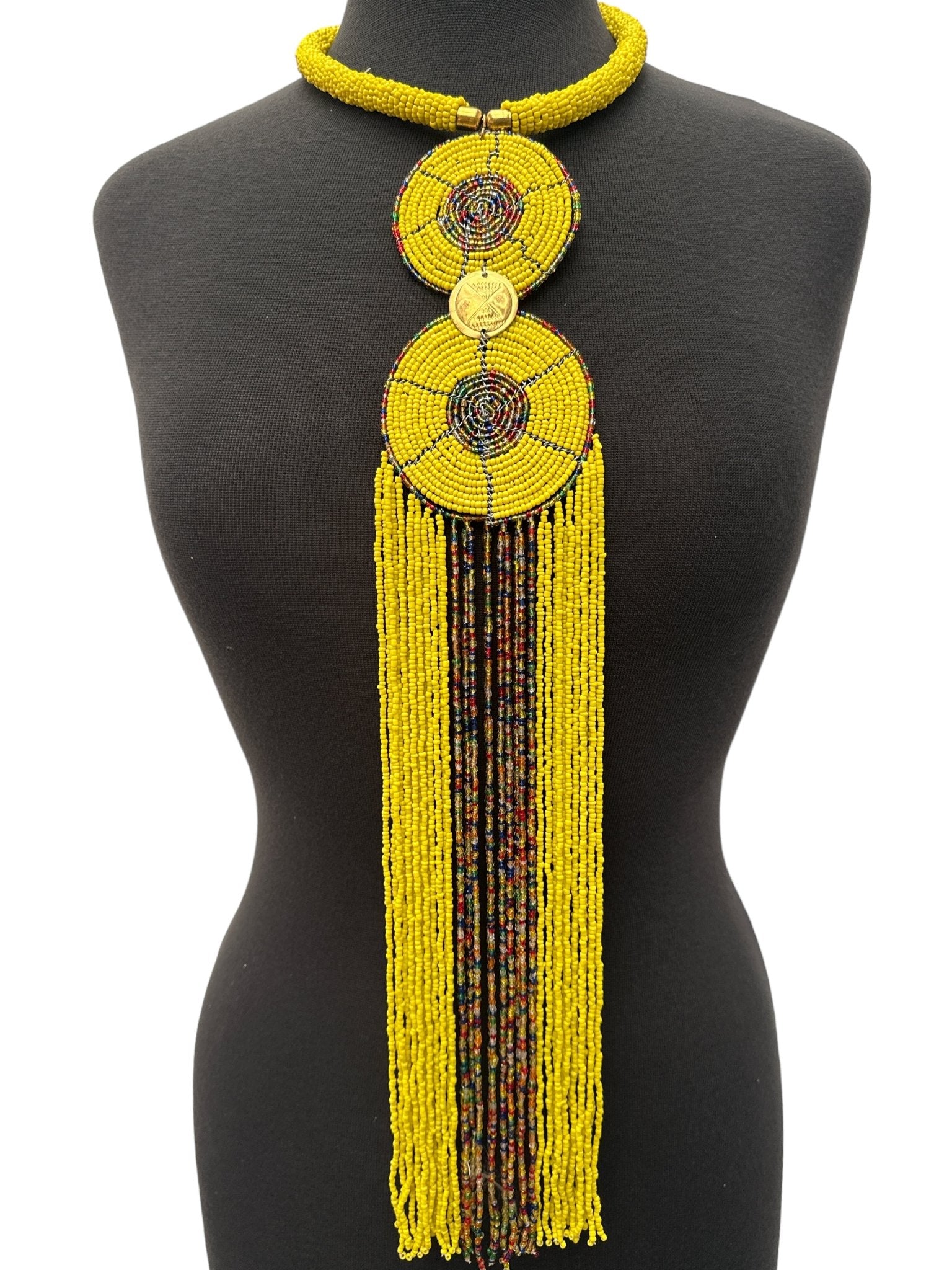 Authentic African Yellow Beaded Long Fringe Pendant Necklace – Handmade Maasai Statement Jewellery - Fatisha Boutique