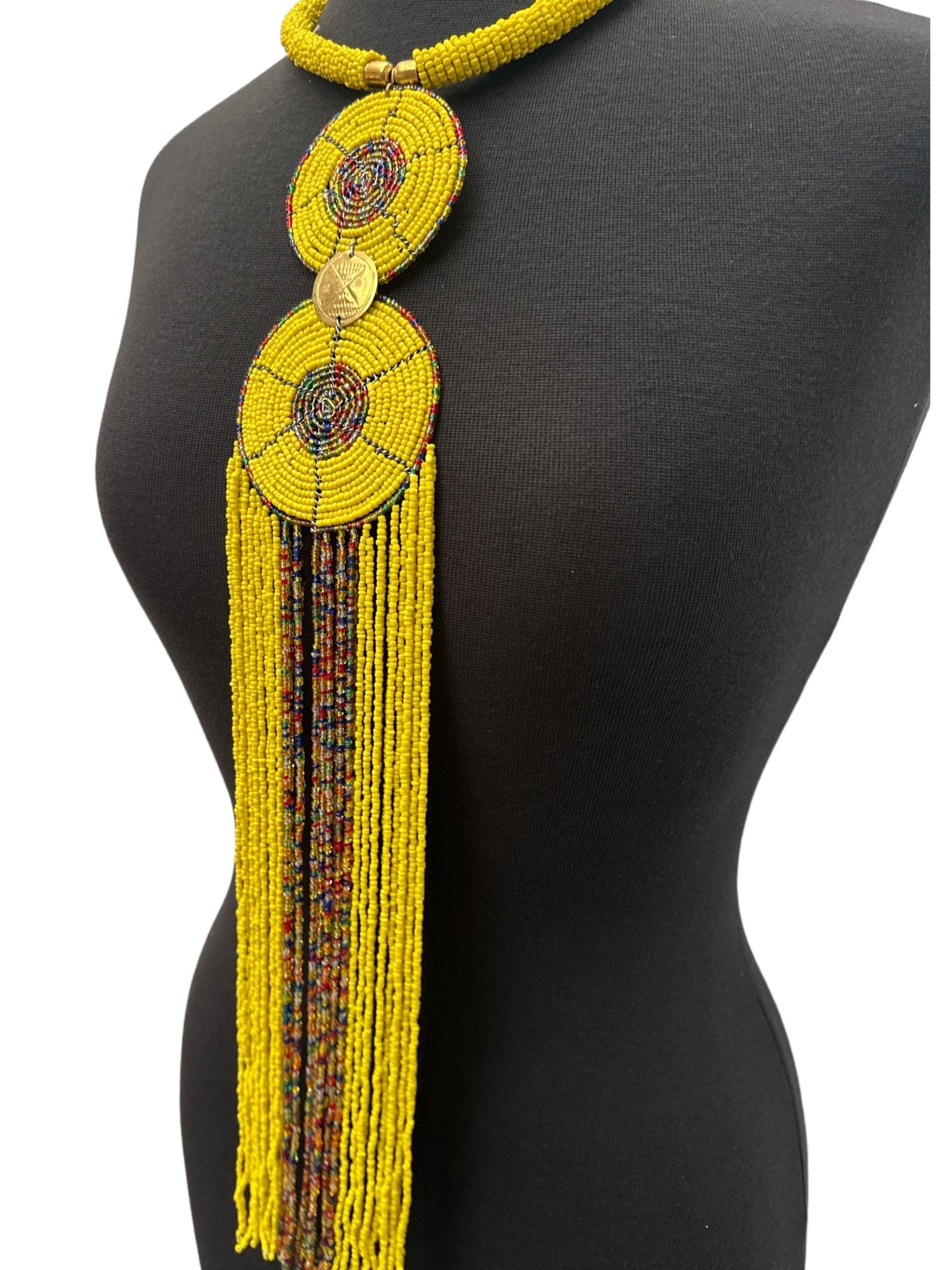 Authentic African Yellow Beaded Long Fringe Pendant Necklace – Handmade Maasai Statement Jewellery - Fatisha Boutique
