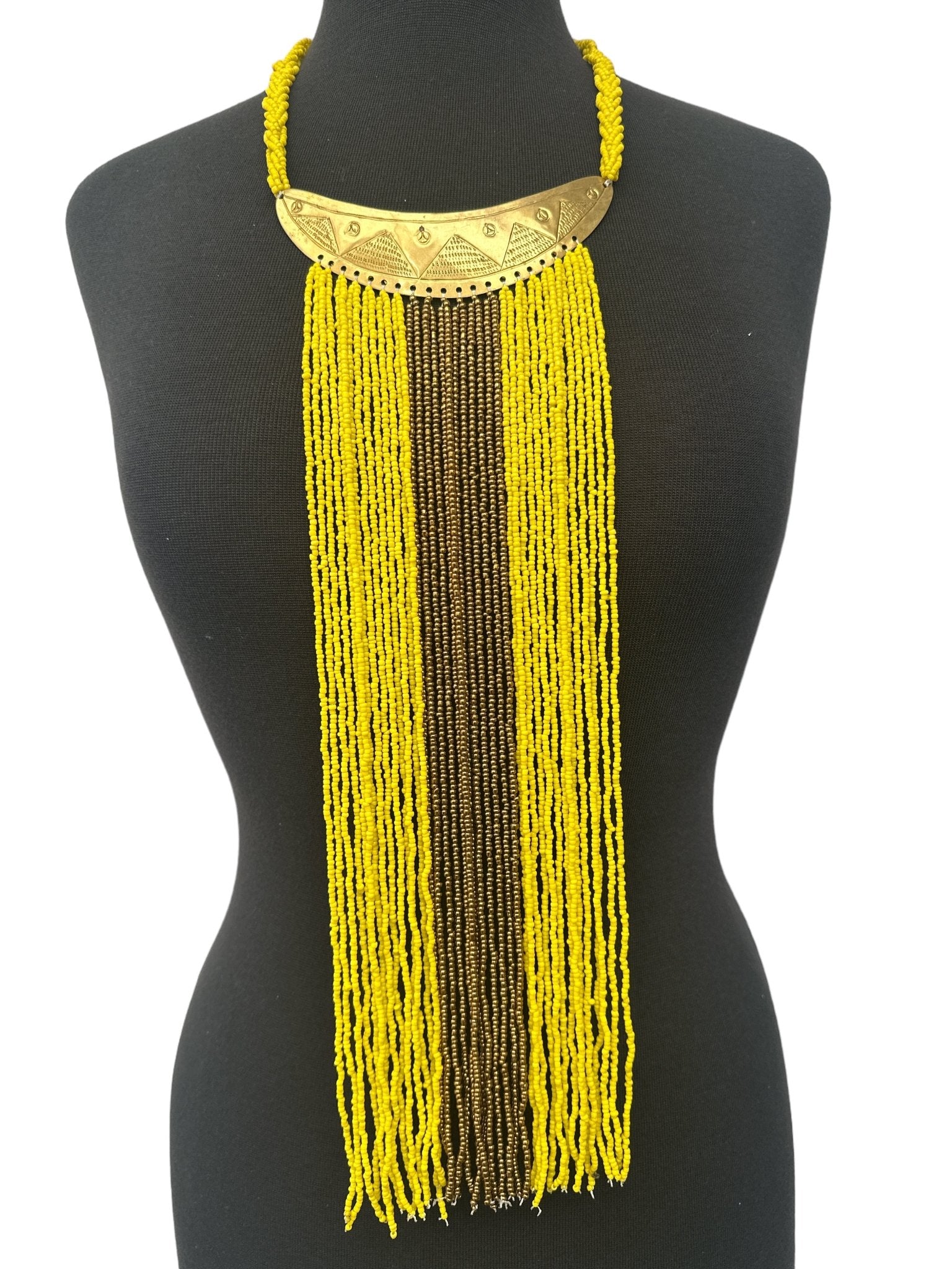 Authentic African Yellow Beaded Long Fringes Brass Necklaces - Fatisha Boutique