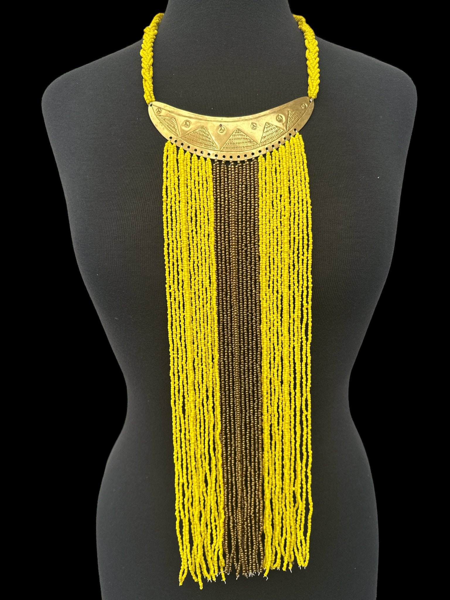 Authentic African Yellow Beaded Long Fringes Brass Necklaces - Fatisha Boutique