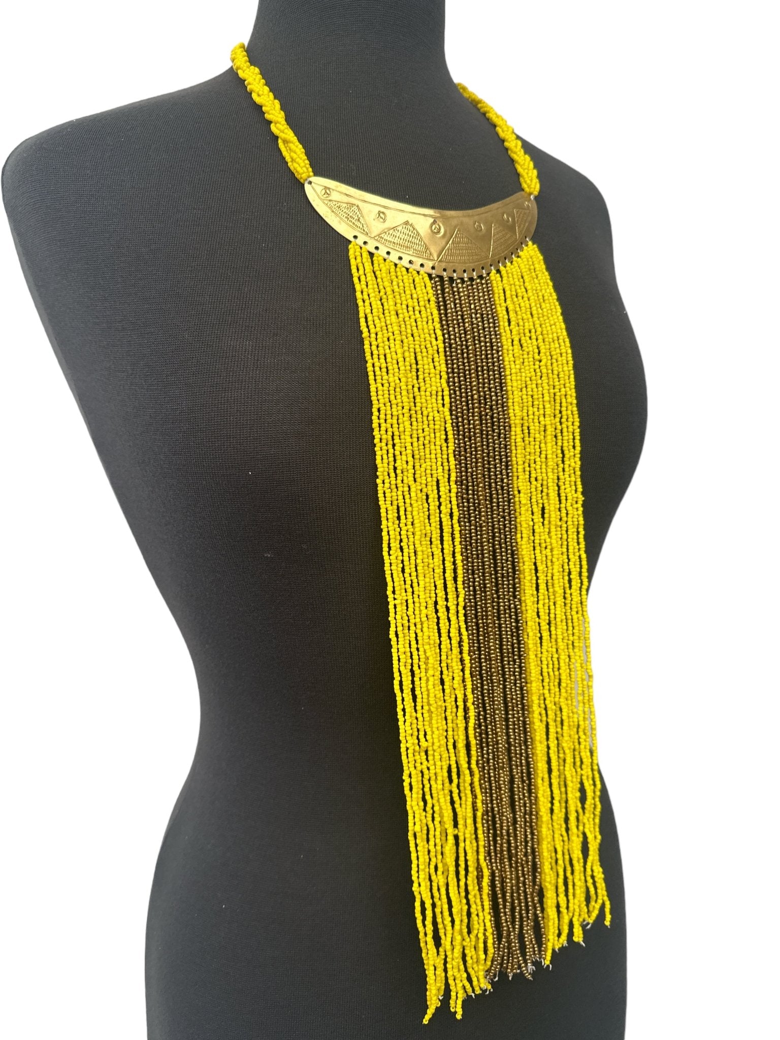Authentic African Yellow Beaded Long Fringes Brass Necklaces - Fatisha Boutique