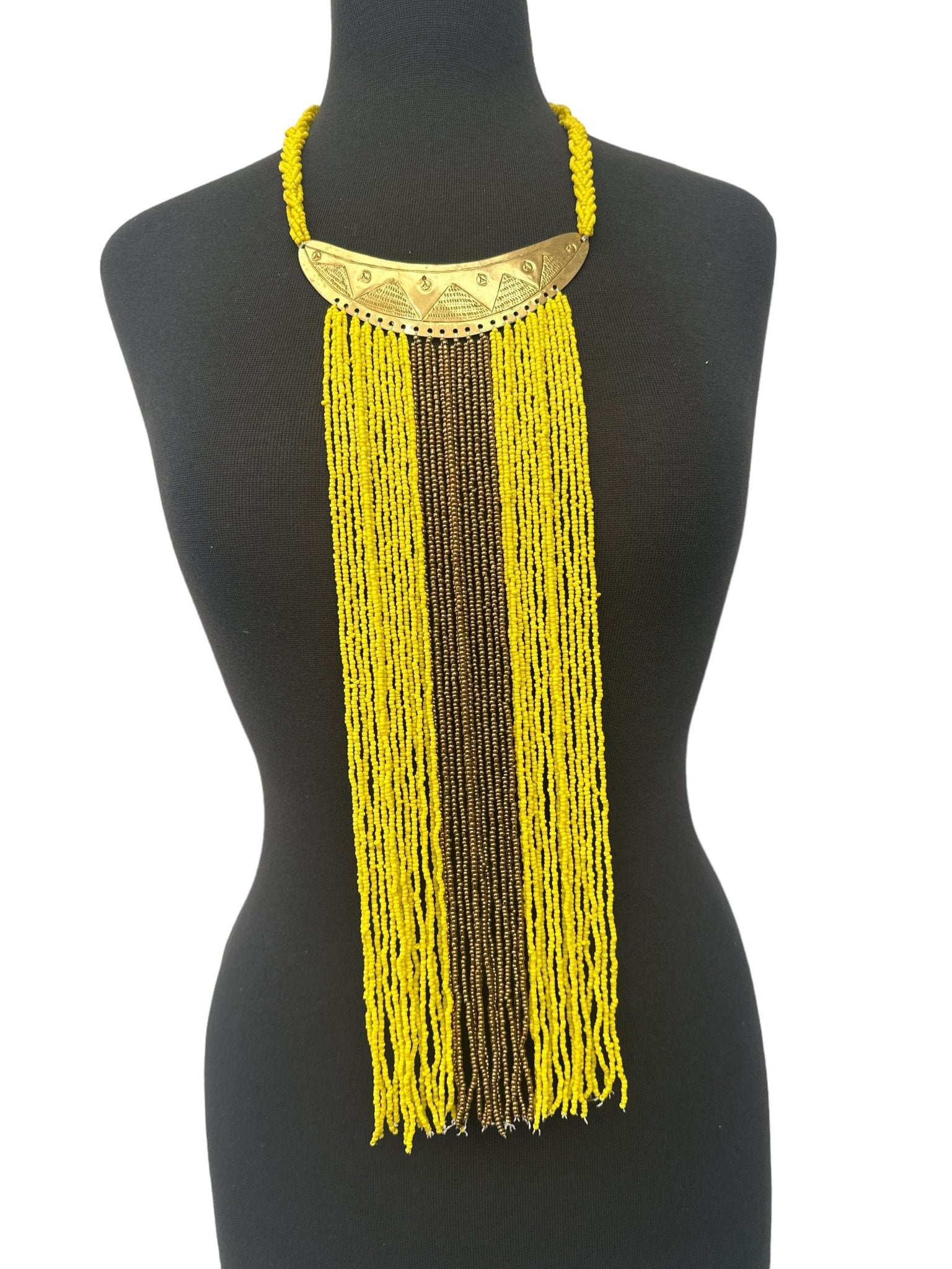 Authentic African Yellow Beaded Long Fringes Brass Necklaces - Fatisha Boutique