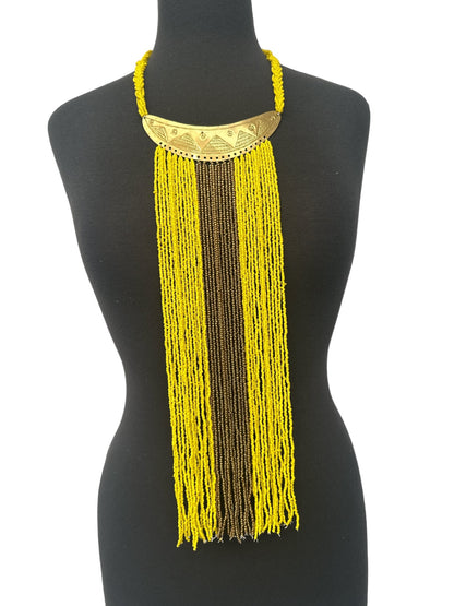 Authentic African Yellow Beaded Long Fringes Brass Necklaces - Fatisha Boutique