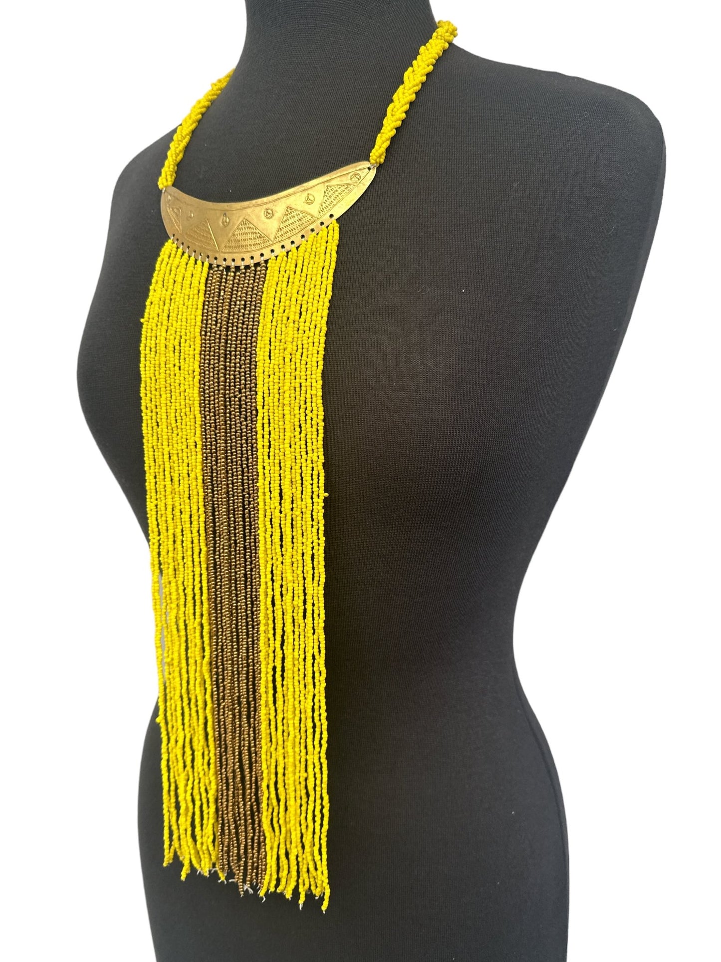 Authentic African Yellow Beaded Long Fringes Brass Necklaces - Fatisha Boutique