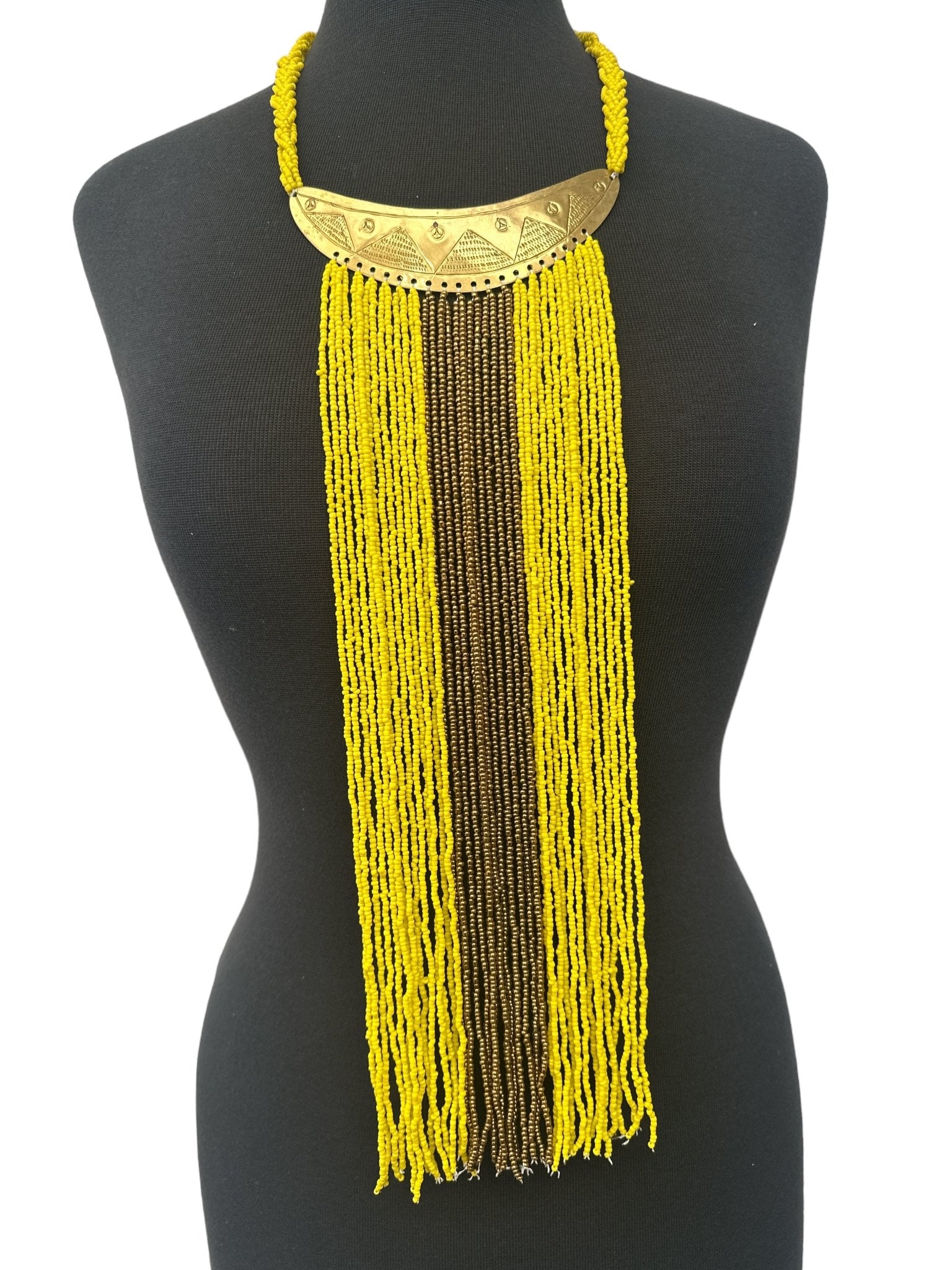 Authentic African Yellow Beaded Long Fringes Brass Necklaces - Fatisha Boutique