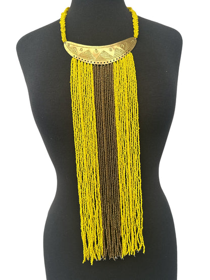 Authentic African Yellow Beaded Long Fringes Brass Necklaces - Fatisha Boutique