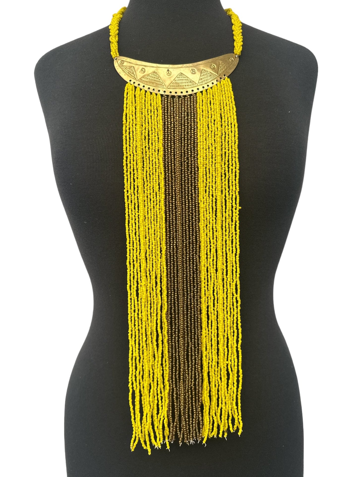 Authentic African Yellow Beaded Long Fringes Brass Necklaces - Fatisha Boutique
