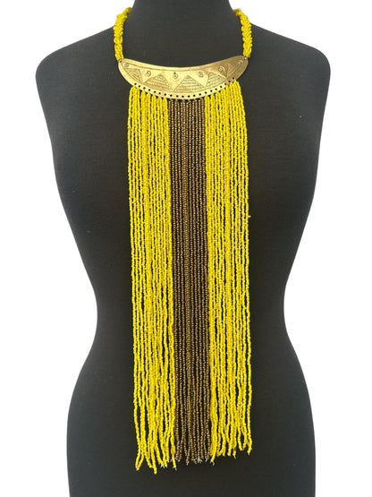 Authentic African Yellow Beaded Long Fringes Brass Necklaces - Fatisha Boutique