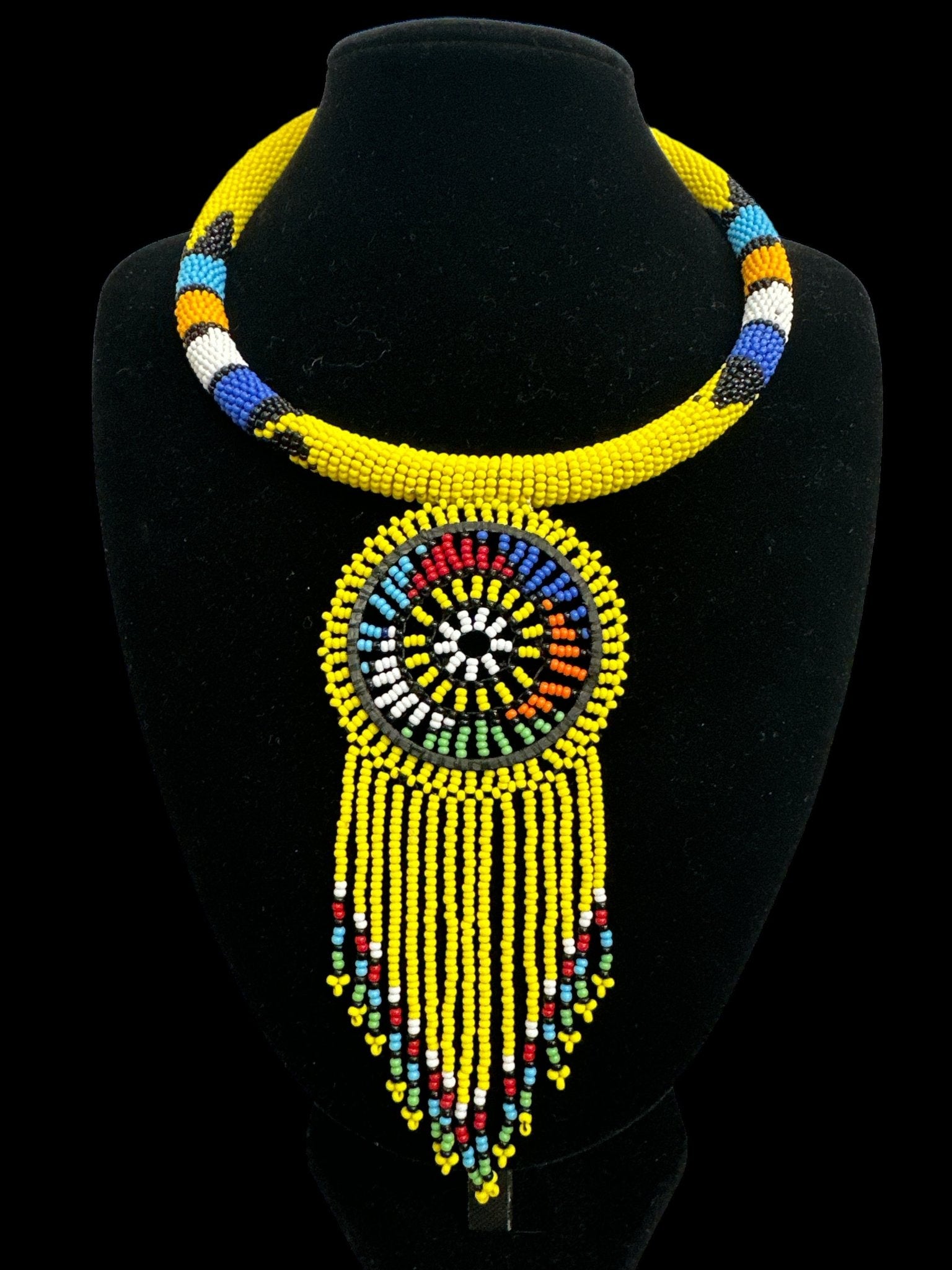 Authentic African Yellow Beaded Tassel Ethnic Pendant Necklace - Fatisha Boutique