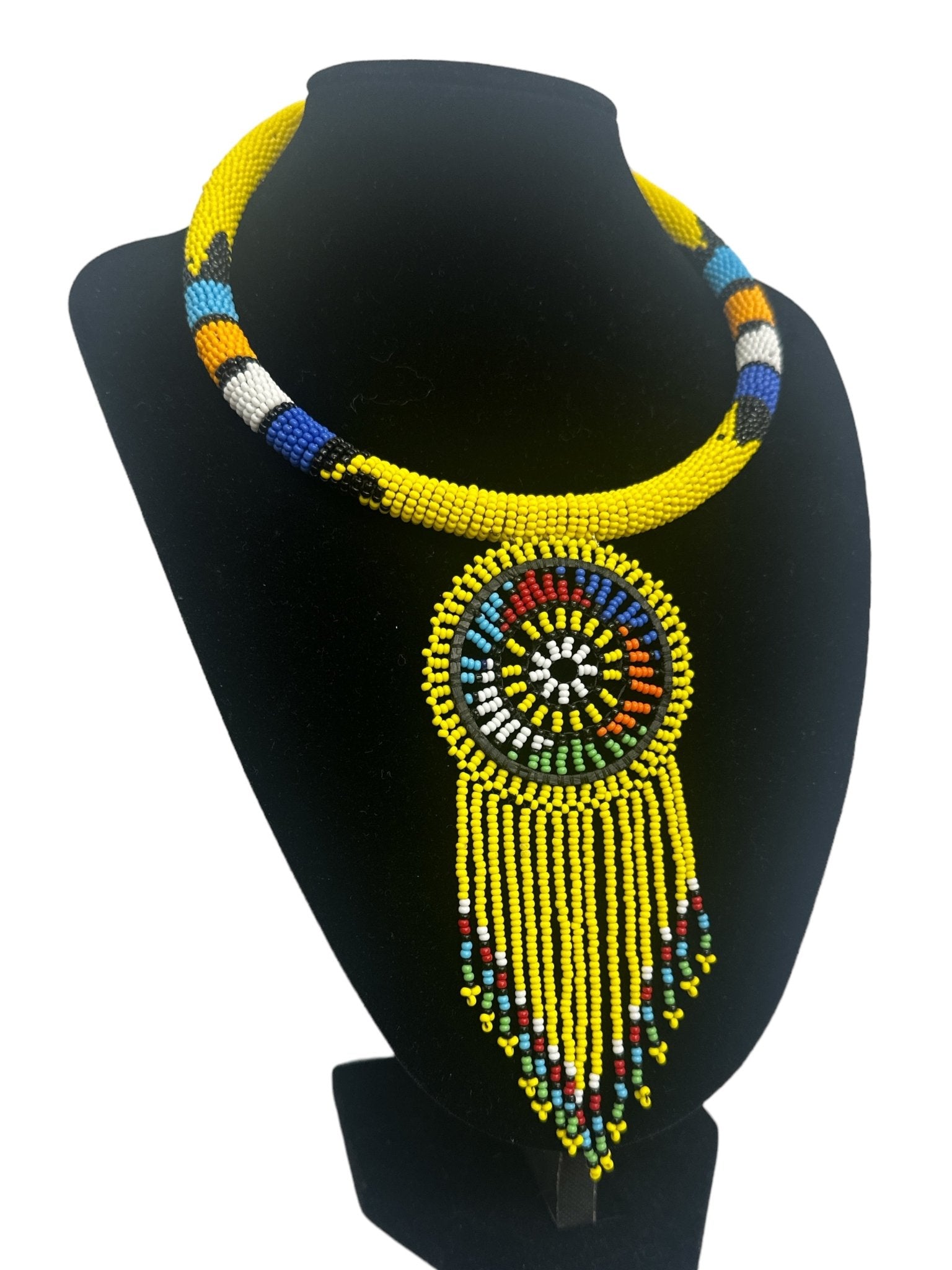 Authentic African Yellow Beaded Tassel Ethnic Pendant Necklace - Fatisha Boutique