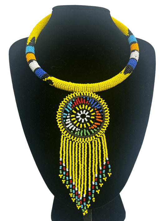 Authentic African Yellow Beaded Tassel Ethnic Pendant Necklace - Fatisha Boutique