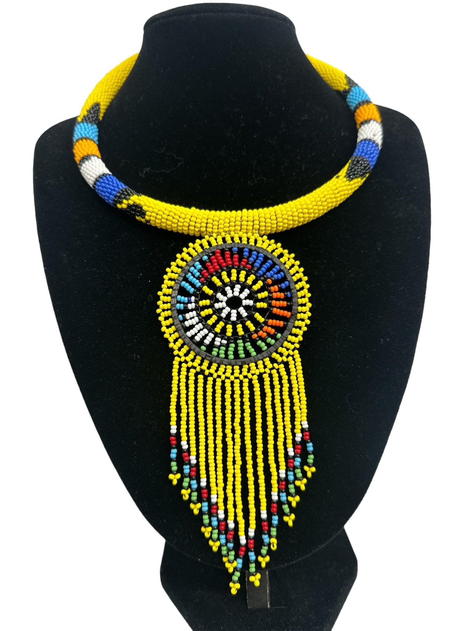 Authentic African Yellow Beaded Tassel Ethnic Pendant Necklace - Fatisha Boutique