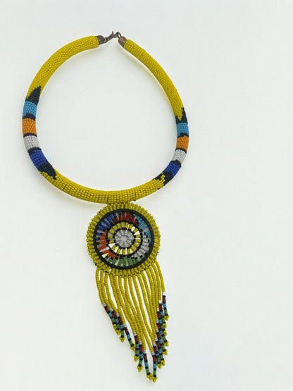Authentic African Yellow Beaded Tassel Ethnic Pendant Necklace - Fatisha Boutique