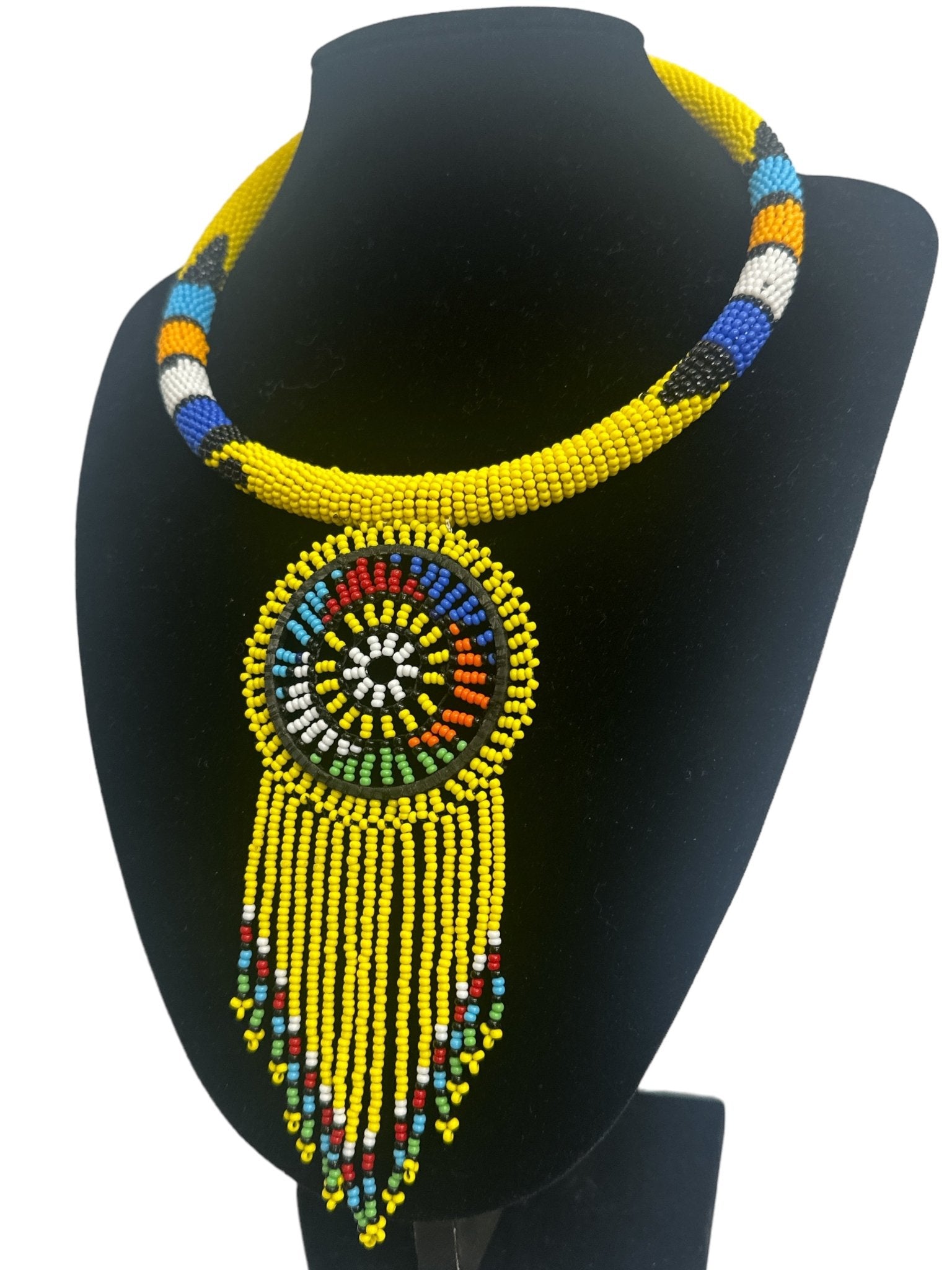 Authentic African Yellow Beaded Tassel Ethnic Pendant Necklace - Fatisha Boutique