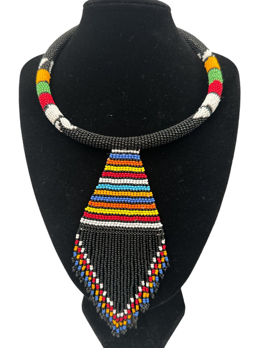 Authentic African Zulu Inspired Black Beaded Pendant Tassel Necklace - Fatisha Boutique