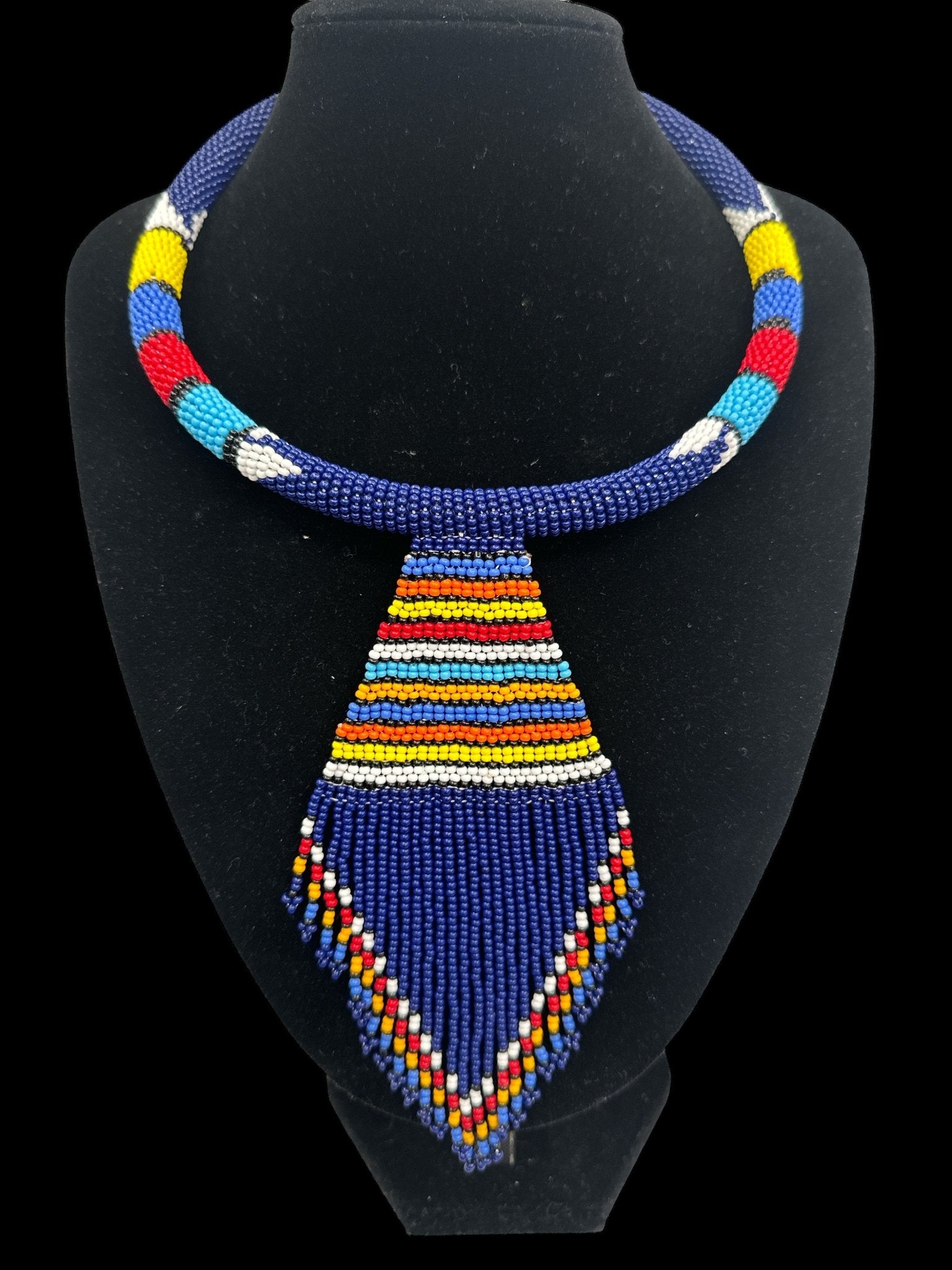 Authentic African Zulu Inspired Blue Beaded Pendant Tassel Necklace - Fatisha Boutique