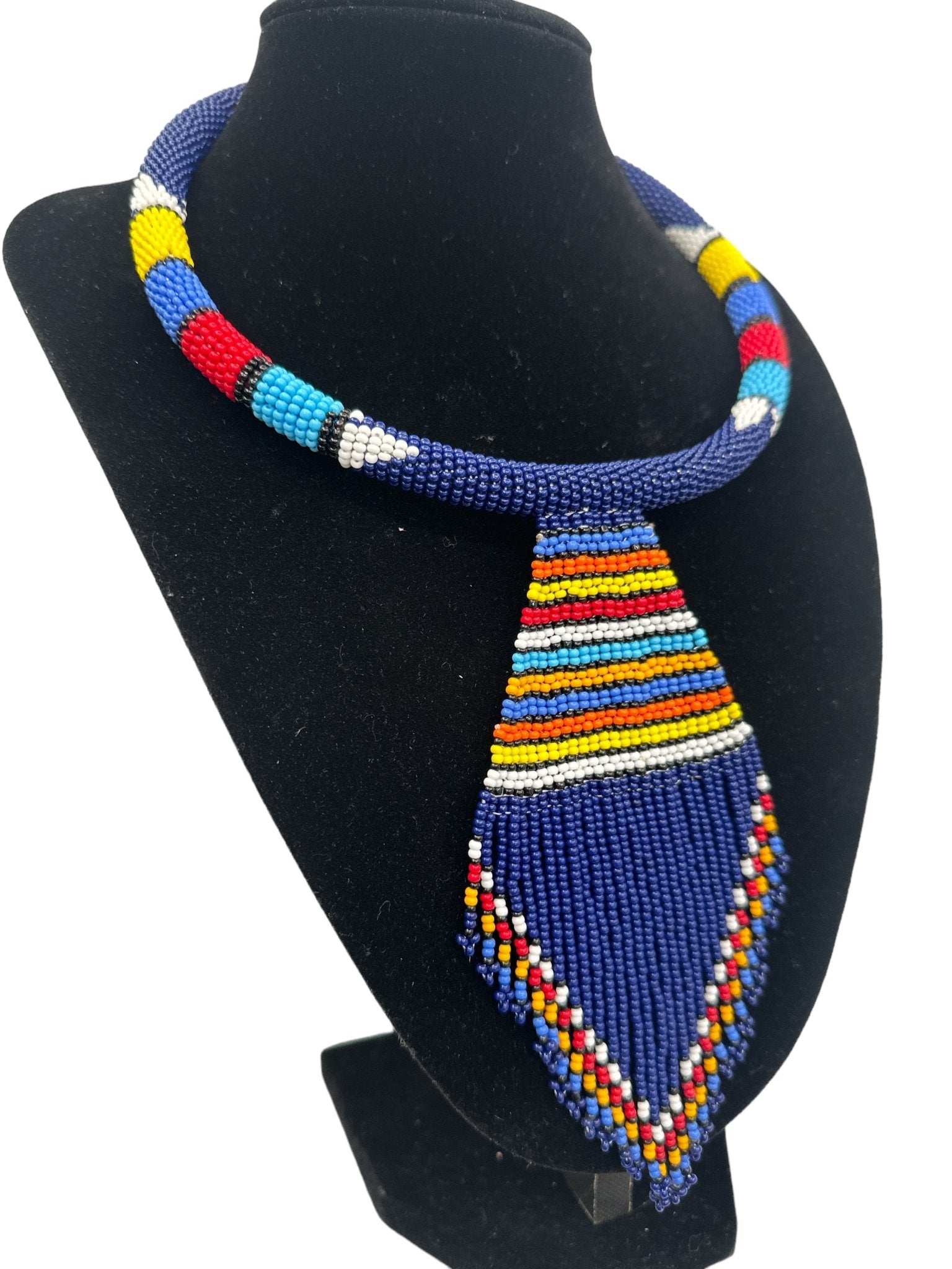 Authentic African Zulu Inspired Blue Beaded Pendant Tassel Necklace - Fatisha Boutique