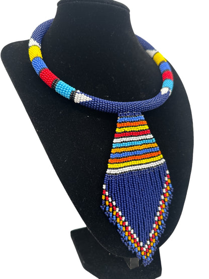 Authentic African Zulu Inspired Blue Beaded Pendant Tassel Necklace - Fatisha Boutique