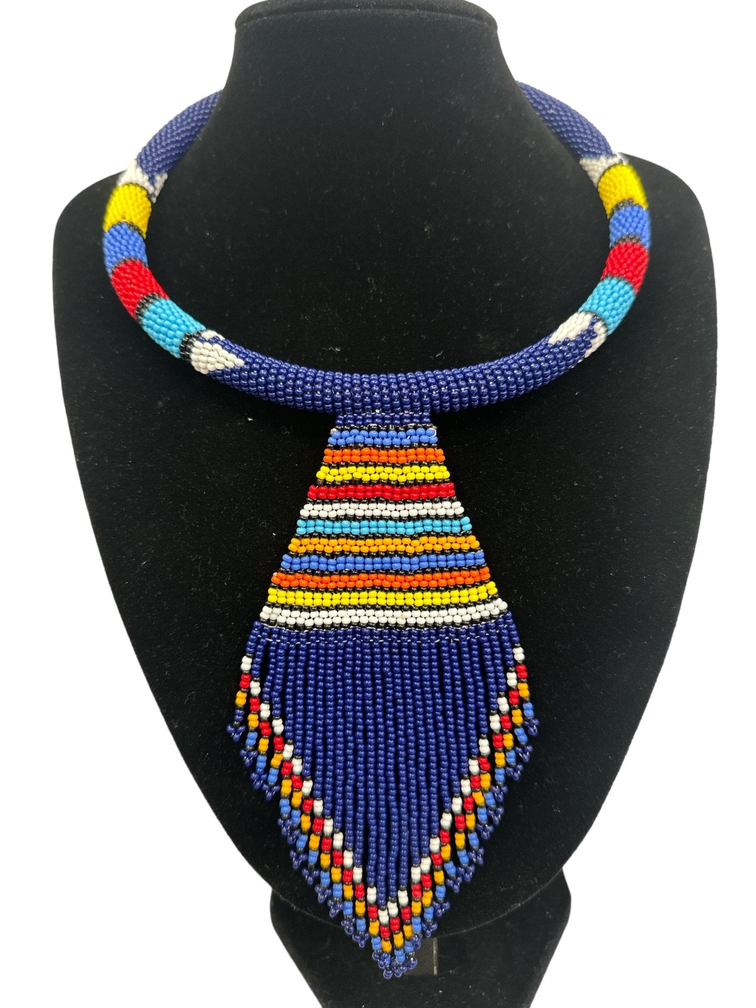 Authentic African Zulu Inspired Blue Beaded Pendant Tassel Necklace - Fatisha Boutique