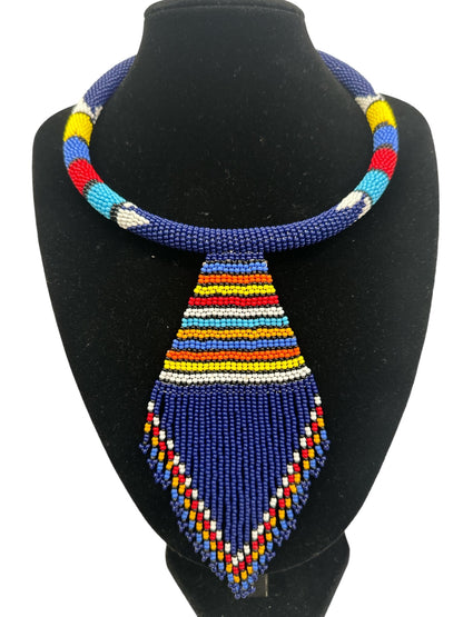 Authentic African Zulu Inspired Blue Beaded Pendant Tassel Necklace - Fatisha Boutique