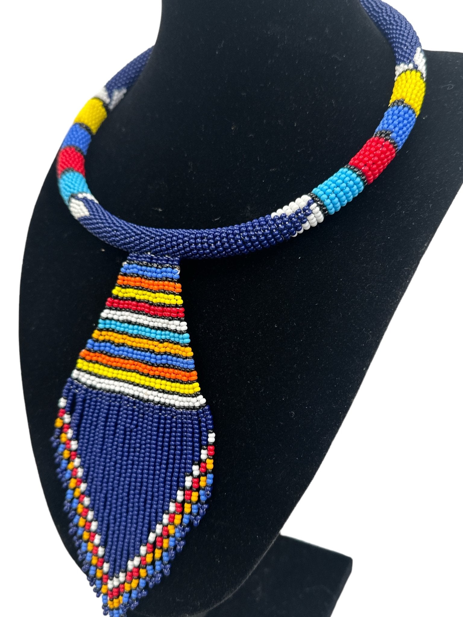 Authentic African Zulu Inspired Blue Beaded Pendant Tassel Necklace - Fatisha Boutique