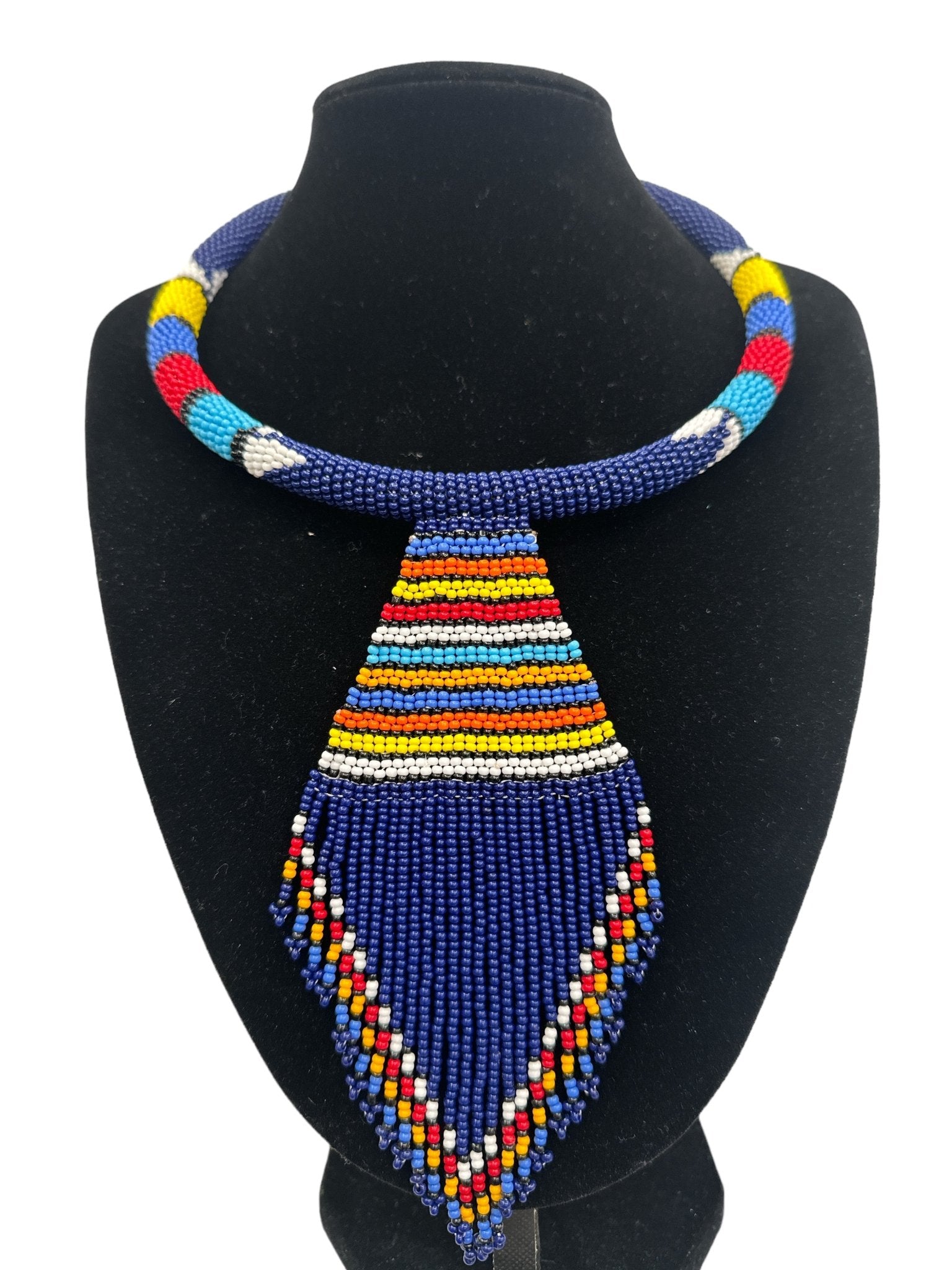 Authentic African Zulu Inspired Blue Beaded Pendant Tassel Necklace - Fatisha Boutique
