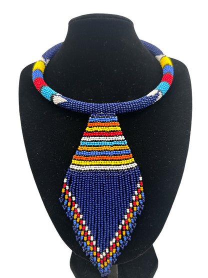 Authentic African Zulu Inspired Blue Beaded Pendant Tassel Necklace - Fatisha Boutique