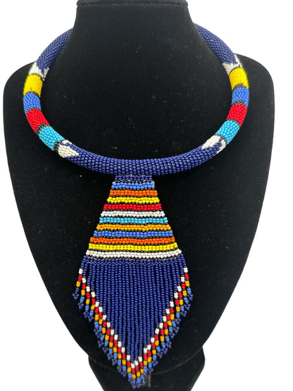 Authentic African Zulu Inspired Blue Beaded Pendant Tassel Necklace - Fatisha Boutique