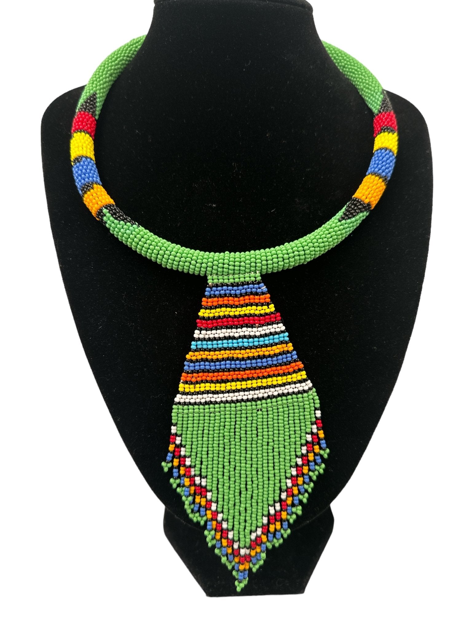 Authentic African Zulu Inspired Green Beaded Pendant Tassel Necklace - Fatisha Boutique