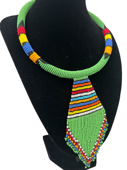 Authentic African Zulu Inspired Green Beaded Pendant Tassel Necklace - Fatisha Boutique